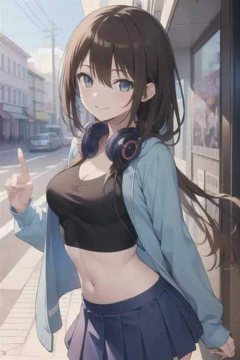 All intricate details step by step: "(2d, masterpiece, best quality, anime, highly detailed, 1girl, solo, cowboy shot, nakano miku, brown hair, hair between eyes, blue cardigan, headphones, Crop top ,  skirt, miniskirt, medium breasts, standing, firm breat...