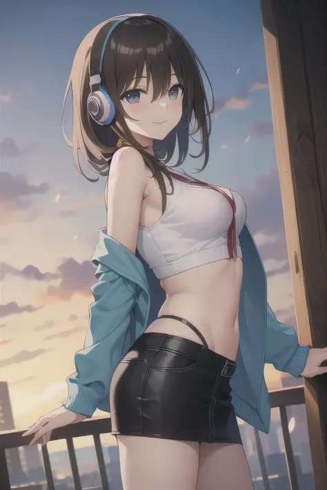 All intricate details step by step: "(2d, masterpiece, best quality, anime, highly detailed, 1girl, solo, cowboy shot, nakano miku, brown hair, hair between eyes, blue cardigan, headphones, Crop top, cowboy miniskirt, medium breasts, standing, firm breats,...