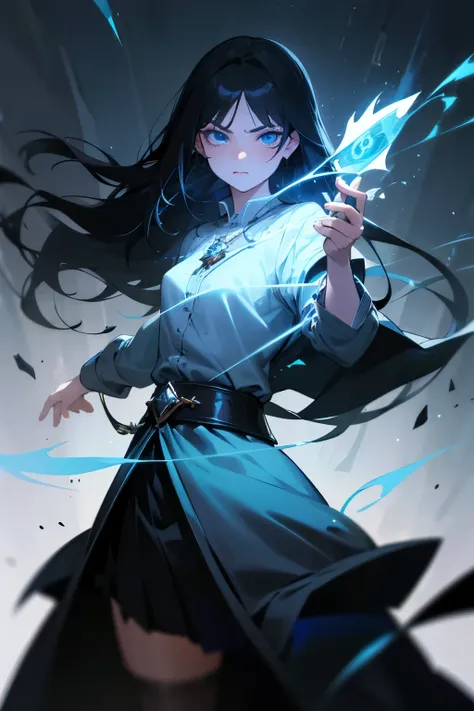 1 girl, long black hair, blue eyes, wearing aristocratic grey shirt, aristocratic black skirt, casting spell, serious, fantasy, dnd, medieval, magic, wizzard, white, high res, ultrasharp, 8K, masterpiece, looking at viewier