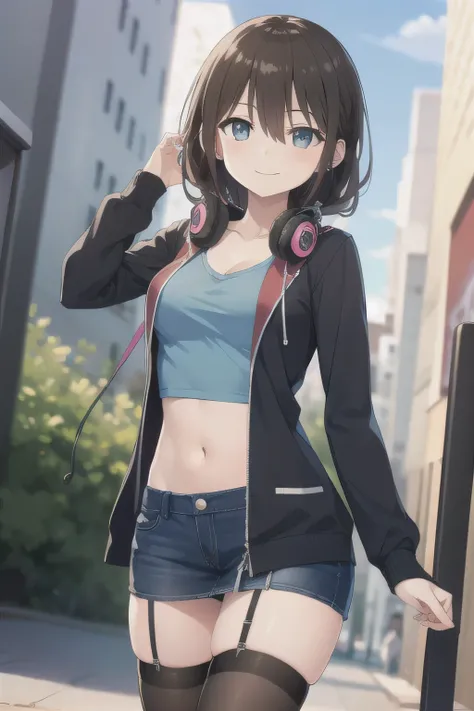 All intricate details step by step: "(2d, masterpiece, best quality, anime, highly detailed, 1girl, solo, cowboy shot, nakano miku, brown hair, hair between eyes, blue cardigan, headphones, Crop top, cowboy miniskirt, medium breasts, standing, firm breats,...