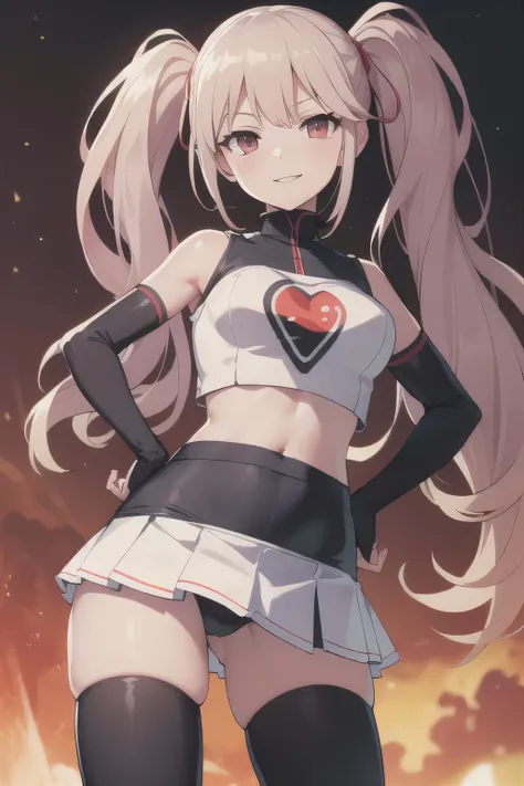 junko enoshima, glossy lips ,team rocket,team rocket uniform, red letter R, white skirt,white crop top,black thigh-high boots, black elbow gloves , looking at viewer, evil smile, hands on hips, very lift skirt