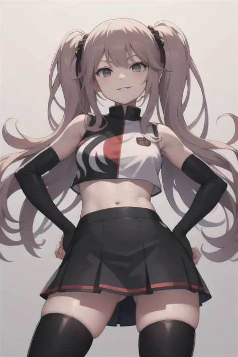 junko enoshima, glossy lips ,team rocket,team rocket uniform, red letter R, white skirt,white crop top,black thigh-high boots, black elbow gloves , looking at viewer, evil smile, hands on hips, very lift skirt