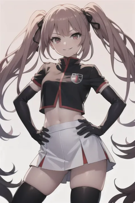 junko enoshima, glossy lips ,team rocket,team rocket uniform, red letter R, white skirt,white crop top,black thigh-high boots, black elbow gloves , looking at viewer, evil smile, hands on hips, very lift skirt