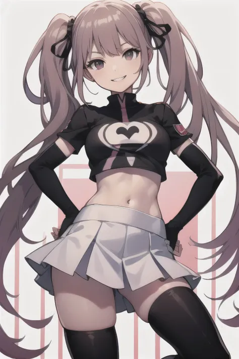 junko enoshima, glossy lips ,team rocket,team rocket uniform, red letter r, white skirt,white crop top,black thigh-high boots, b...