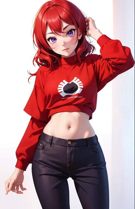 (Masterpiece, Best Quality, High Quality), facing viewer,illustration, beautiful, tight , Blushing, looking at viewer, , casual clothes,pants,shirt, midriff,solo, posing for picture, seductive, simple white background, nishikino maki, purple eyes,red long ...