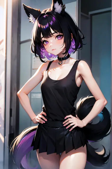 Purple eyes, black mini skirt, pretty girl, anime style, foxgirl, skinny, black tanktop, short black hair, 8k, hi-res, black collar, earrings, small breast, skinny, cute face, fox tail
