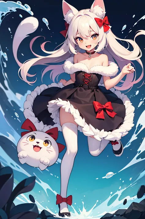 open mouth, furry cat, girl, choker, red bow, white fur, blue stockings, looking at hind legs, cats hind legs in fluid, arousal, looking at us, tongue visible, good quality, slender body, correct proportions, two hind legs (furry feet), two front legs (fur...