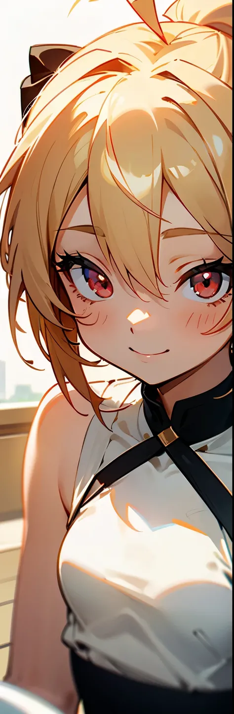 １girl、small breasts、blonde、round red eyes、ponytail、Ahoge、smile、strong pleasure on the face、upper body close-up、Morning café terrace、background bokeh, Depth of the bounds written