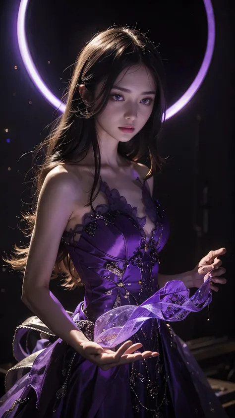 Full figure, seven -clinging shooting, 18 years old, wearing transparent science fiction dress, exquisite faces, details, hands, ultimate details, amazing magnificence, LED internal lighting, Pedaipan style, fiber hair, glowing purple iris, glowing purple ...