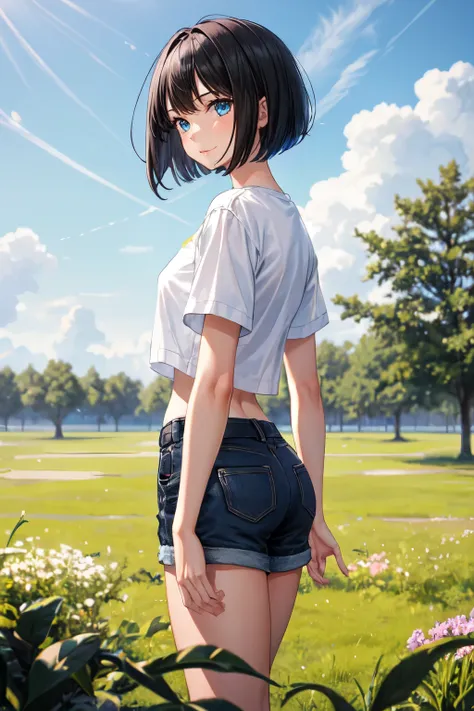 1girl, black hair, bob cut, white shirt, short sleeve, blue sky, [grass field::19]