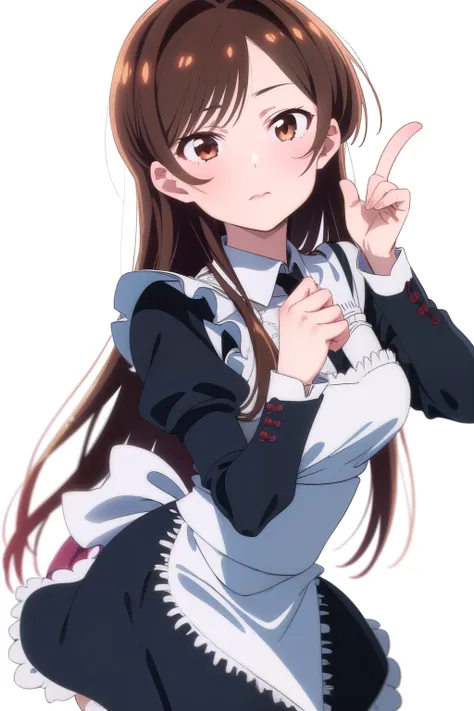 (1 girl), (brown eyes), (Intricate iris detailing), (front), (girl dressed as a maid), (Lower your eyes), (Chizuru Mizuhara), (White background)