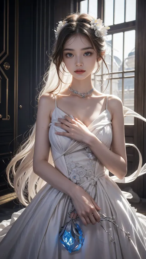 Full figure, seven -clinging shooting, 18 years old, wearing science fiction dress, exquisite faces, details, hands, ultimate details, amazing magnificence, LED internal lighting, Pedaipan style, fiber hair, glowing white iris, glowing white iris, upper bo...