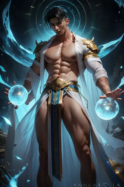 A muscular Korean man is in a wonderland, 20yo, Lleva un rico blanco como la nieve (capa de piel en hombros y espalda) con una pila muy larga, bajo el cual se ve su cuerpo extremadamente musculoso, The emphasis is on the male body. Sobre su cabeza hay un h...