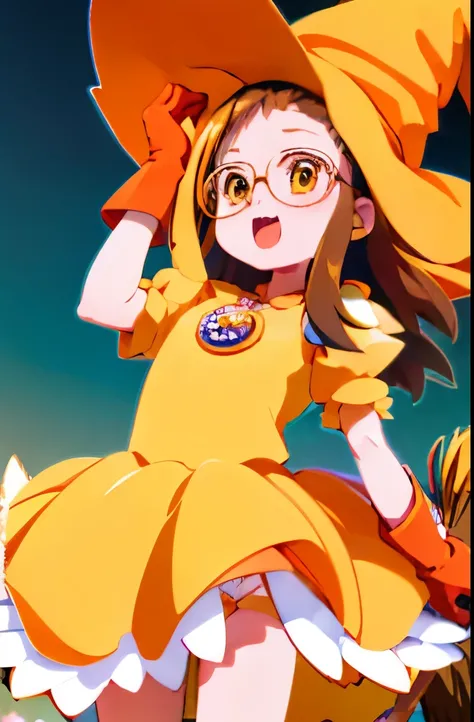 ( High quality , ultra detailed, careful with hand )ojfjwrhzkmgc, from below, white panties, dress lifted up by the wind, yellow multi layer dress, yellow witch hat, big round glasses, riding a witch broom, blush