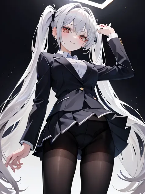 1 girl, five fingers, mini skirt, looking down at the viewer, long silver twintails, highest quality, thigh focus, (dynamic pose), smile, blazer, blouse, black pantyhose, panties under pantyhose, standing split, from below, show off､Lovely lingerie、live ho...