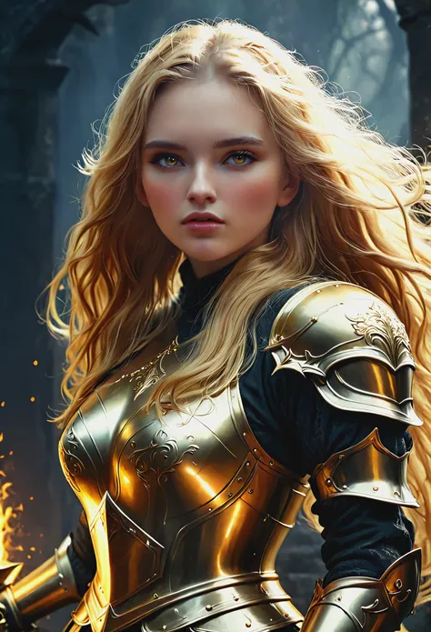 blonde with long hair, golden knight in dark fantasy