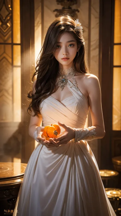 Full figure, seven -clinging shooting, 18 years old, wearing transperent science fiction dress, exquisite faces, details, hands, ultimate details, amazing magnificence, LED internal lighting, Pedaipan style, fiber hair, glowing white iris, glowing orange i...