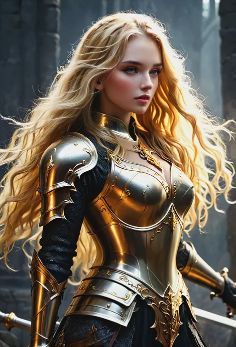 blonde with long hair, golden knight in dark fantasy