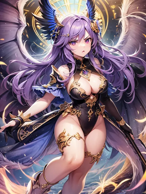 ((highest quality)),(ultra high resolution),(Super detailed),(detailed description),((best CG)),(best work of art),super precision art,amazing drawing art,(Fantasy art with precise details:1.5), (Female angels:1.6),(angry face:1.5),(Big wings of light that...