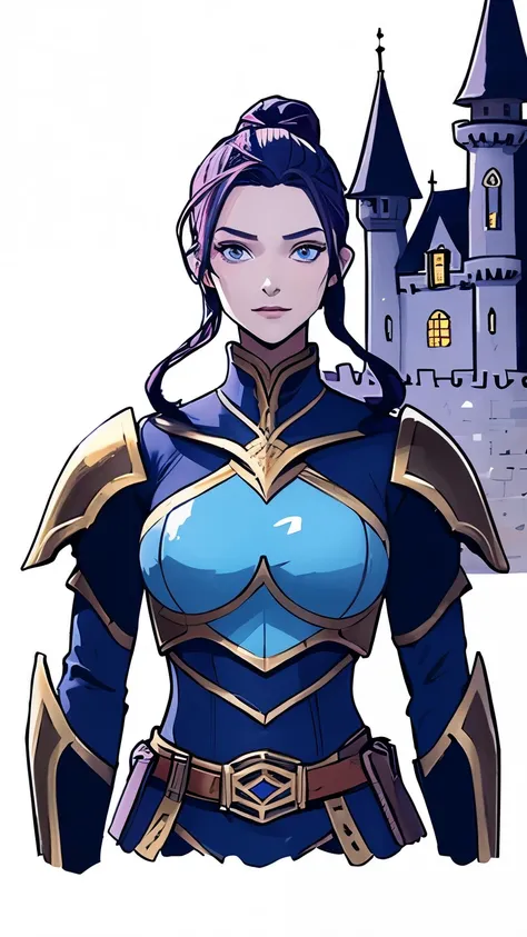 8K,high quality,animated,bright,eye highlights,purple eyes,beautiful line drawing. Blue skin, blue and orange gradient ear fins, adult female, black armor, worn costume, worn armor, heavy armor, large western style castle in background,