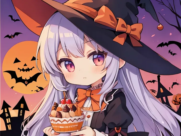 masterpiece, best quality, extremely detailed, anime, 3girls, witch, , Lolita,chibi,short girl,halloween, sweets