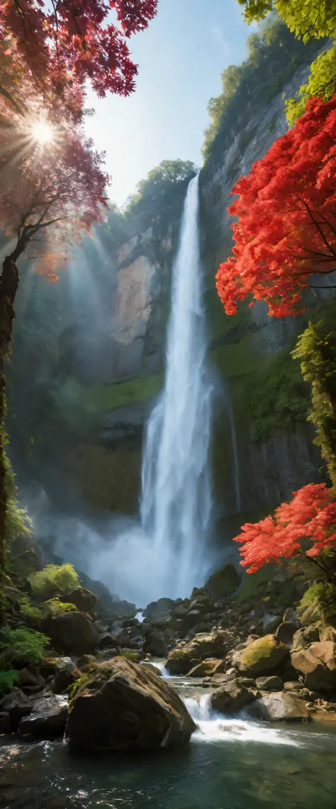 low-angle view of towering steep and towering waterfall in a cliff, wild forest, forest mists, asymmetric waterfall cliff canyon...