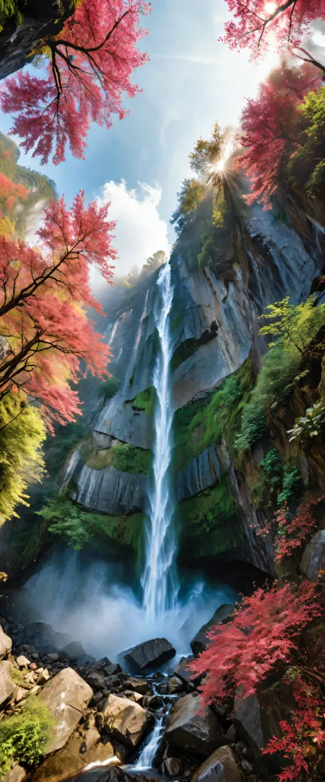 low-angle view of towering steep and towering waterfall in a cliff, wild forest, forest mists, asymmetric waterfall cliff canyon...