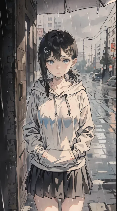 blue long hair, gray hoodie, short skirt, rain, Are depressed