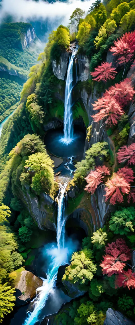 Aerial view of Towering steep and towering waterfall in a cliff, wild forest, forest mists, asymmetric waterfall cliff canyon, (ultra wide angle:1.5), fisheye lens photo, ((Aerial view):1.2), ((sense of extreme height):1.1), highly detailed background, (mi...