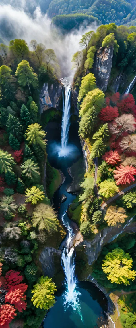 Aerial view of Towering steep and towering waterfall in a cliff, wild forest, forest mists, asymmetric waterfall cliff canyon, (ultra wide angle:1.5), fisheye lens photo, ((Aerial view):1.2), ((sense of extreme height):1.1), highly detailed background, (mi...