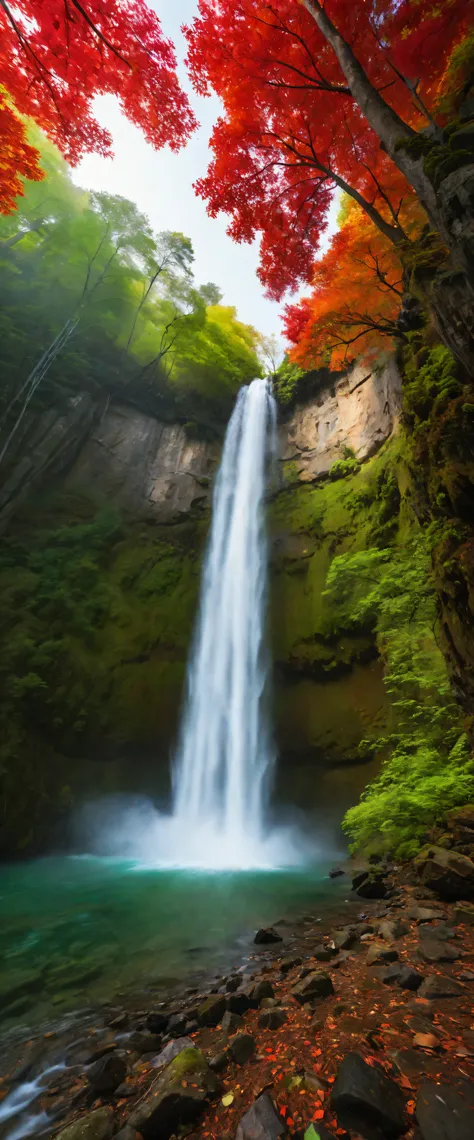 low-angle view of towering steep and towering waterfall in a cliff, wild forest, forest mists, asymmetric waterfall cliff canyon...