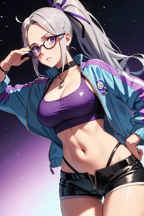 Silver hair in a short ponytail with a blue-purple ribbon, anime eyes, blue-purple sunglasses on her forehead, the zipper of a blue-purple blouson hanging down over a black tank top, blue-purple shorts with a white belt, a chain necklace, her belly button ...