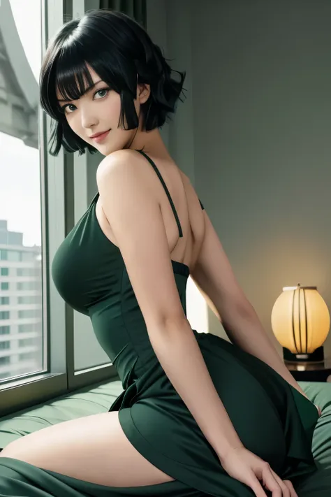 arafe woman in a green dress sitting on the bed with the window open,  black short hair,green eyes,fubuki from one punch man,in ...