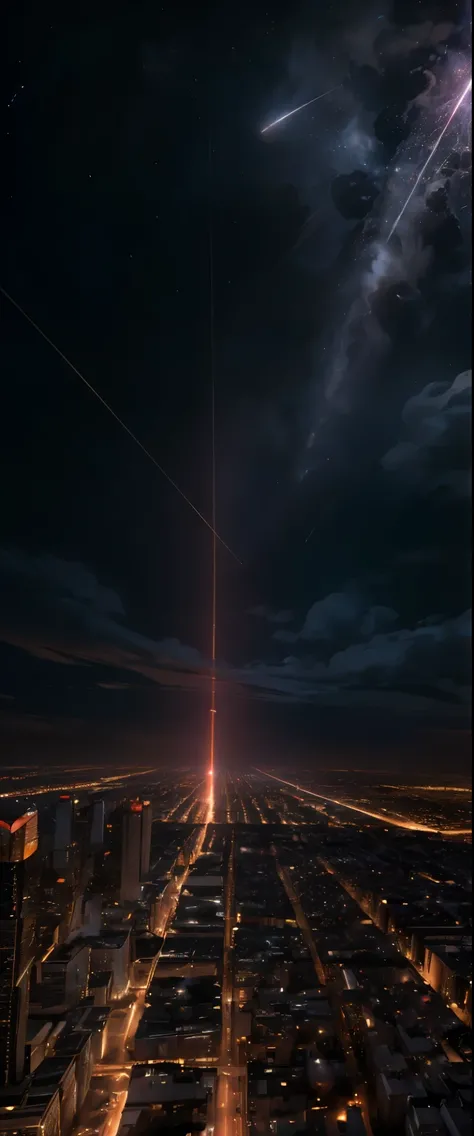 ((masterpiece, highest quality, Highest image quality, High resolution, photorealistic, Raw photo, 8K)), Ultra Wide Angle, Meteorites rain down on the city from the night sky, A night view of a city ablaze with black smoke,