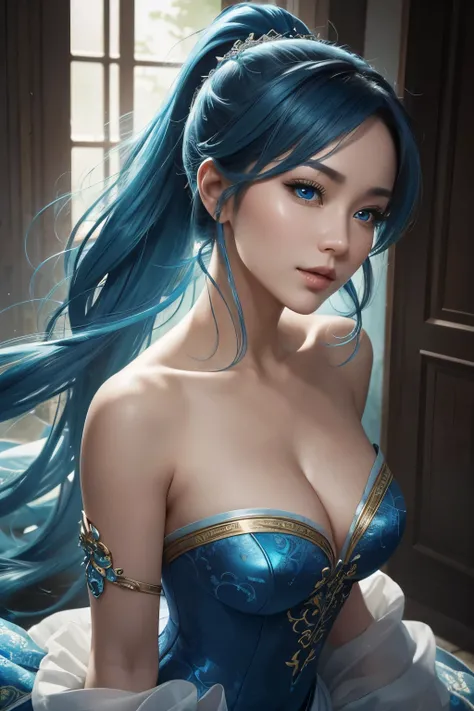 8K, Extreme close-up portrait of an astonishingly beautiful woman with flowing blue hair, captured in a blue and white dress that highlights her captivating figure. Her mesmerizing blue eyes, emphasized by her playful ponytail, exude a lifelike depth and e...