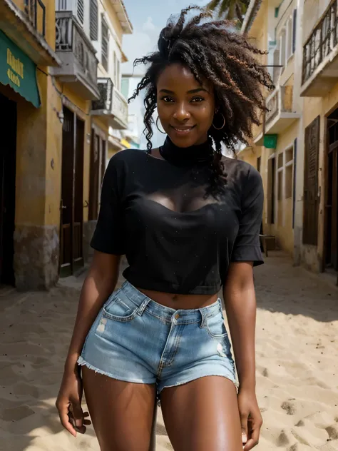 ((Dark African skin, Very deep ebony skin)), ((Its beauty undeniable)), ((Excited cute face)), ((Hyper detailed perfect eyes,)), ((pose mignonne)), ((Seductive )), sexy, (( bikini)), ((Afro ponytail with long African curly hair,)), ((peau)), ((debout, vue ...