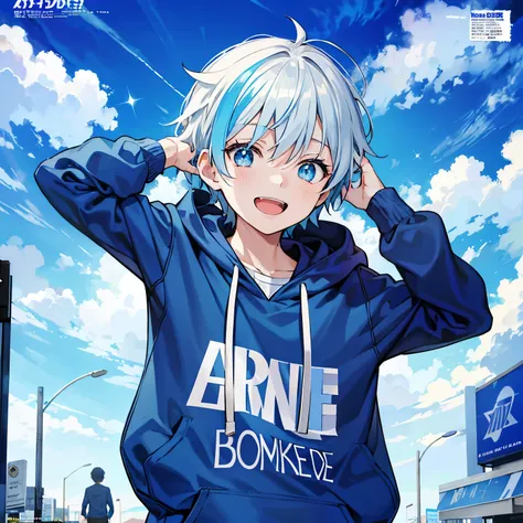 a boy, clad in a blue and white hoodie, exudes a cheerful expression as he gazes at the sky with sparkling blue eyes, (magazine:1.3), (cover-style:1.2), casual, boy, vibrant, outfit, posing, front, colorful, dynamic, background, clear, bright, sky, element...