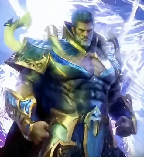 A big one, muscular old man，Sixty-five years old，Gorgeous sapphire blue armor，gold trim，He showed off his huge muscular chest，He showed off his great pecs，Energetic，Behind him are the brilliant starry sky and the cold polar regions，He showed off his strong...
