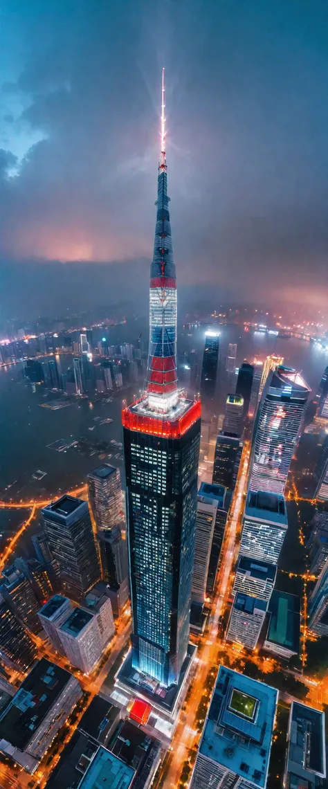 aerial view of towering skysraper in a city at night, city lights, asymmetric skyscraper, (ultra wide angle:1.5), fisheye lens p...