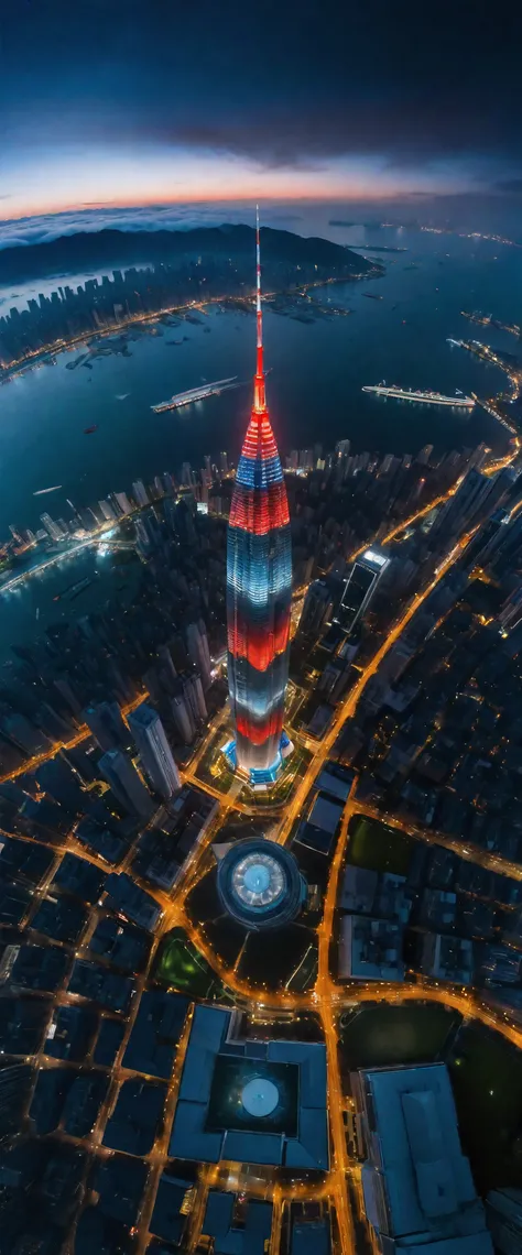 Aerial view of Towering skysraper in a city at night, city lights, asymmetric skyscraper, (ultra wide angle:1.5), ((fisheye lens photo)"1.2), ((Aerial view):1.2), ((sense of extreme height):1.1), highly detailed city at night background, (fog), Coexistence...