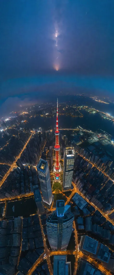 aerial view of towering skysraper in a city at night, city lights, asymmetric skyscraper, (ultra wide angle:1.5), ((fisheye lens...