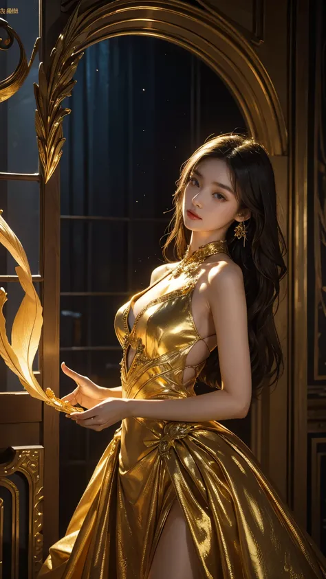 Full figure, seven -clinging shooting, 18 years old, wearing transperent science fiction dress, exquisite faces, details, hands, ultimate details, amazing magnificence, LED internal lighting, Pedaipan style, fiber hair, glowing golden iris, glowing golden ...