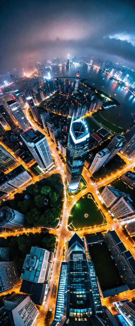 Aerial view of Towering skysraper in a city at night, city lights, asymmetric skyscraper, (ultra wide angle:1.5), ((fisheye lens photo)"1.2), ((Aerial view):1.2), ((sense of extreme height):1.1), highly detailed city at night background, (fog), Coexistence...