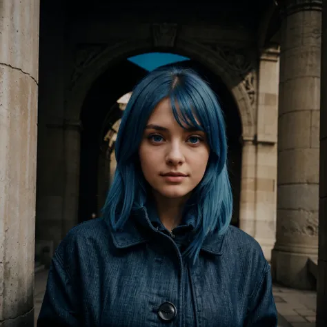 a beautiful young woman, blue hair, blue eyes, wearing a black coat and jeans, taking a photo at the Arc de Triomphe