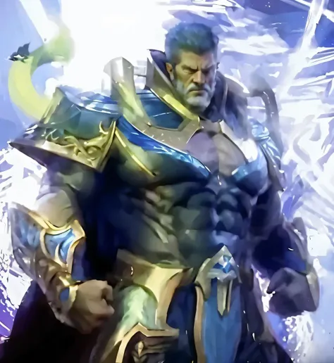 A big one, muscular old man，Sixty-five years old，Gorgeous sapphire blue armor，gold trim，He showed off his huge muscular chest，He showed off his great pecs，Energetic，Behind him are the brilliant starry sky and the cold polar regions，He showed off his strong...