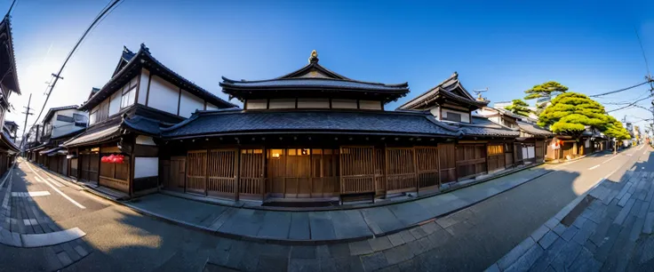 ( Ultra Wide Angle, FishEye lens), (ultra-detailed, highres, realistic photography:1.2), panorama of the historic part of the japanese city, panorama of the historic japanese street, old historic japanese buildings, Ultra Wide Angle, FishEye lens, vibrant ...