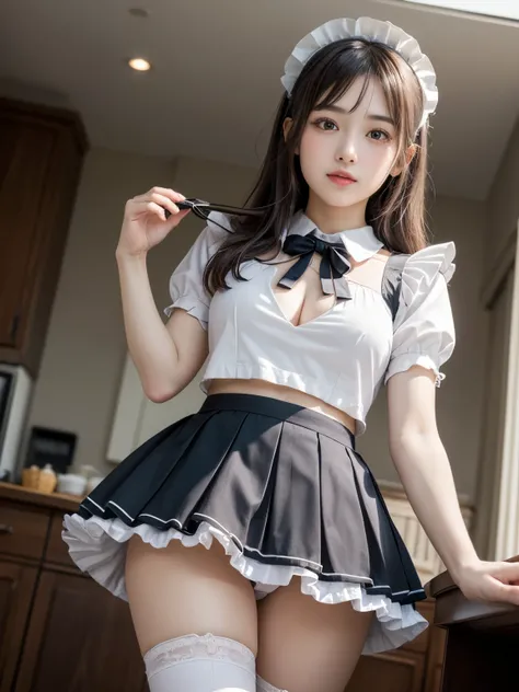 (1 young girl), brown hair, wonderful face and eyes, pink eyes, enchanting smile, (Maid cafe costume with frills, pleated mini skirt:1.5), (Wide open maid cafe costume:1.2), bare chest, (amazingly beautiful girl), brown hair, stylish hair ornament, (highes...