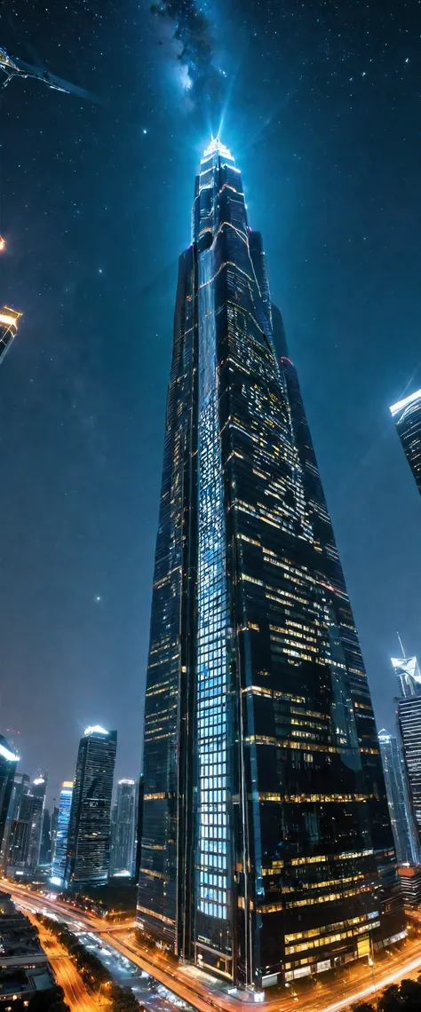 extreme low-angle views of close up architecutral photography with the subject of a towering skysraper at night, city at night, ...