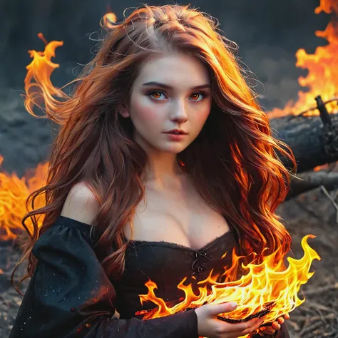 girl with long hair, witch burned by fire