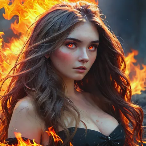 Girl with long hair, witch burned by fire